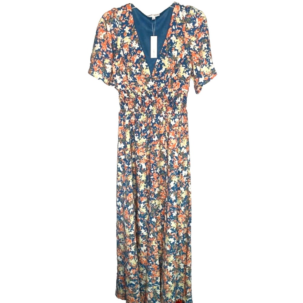 Baltic Born Verona Smocked Maxi Dress Womens XS Blue Floral Flutter Sleeve VNeck